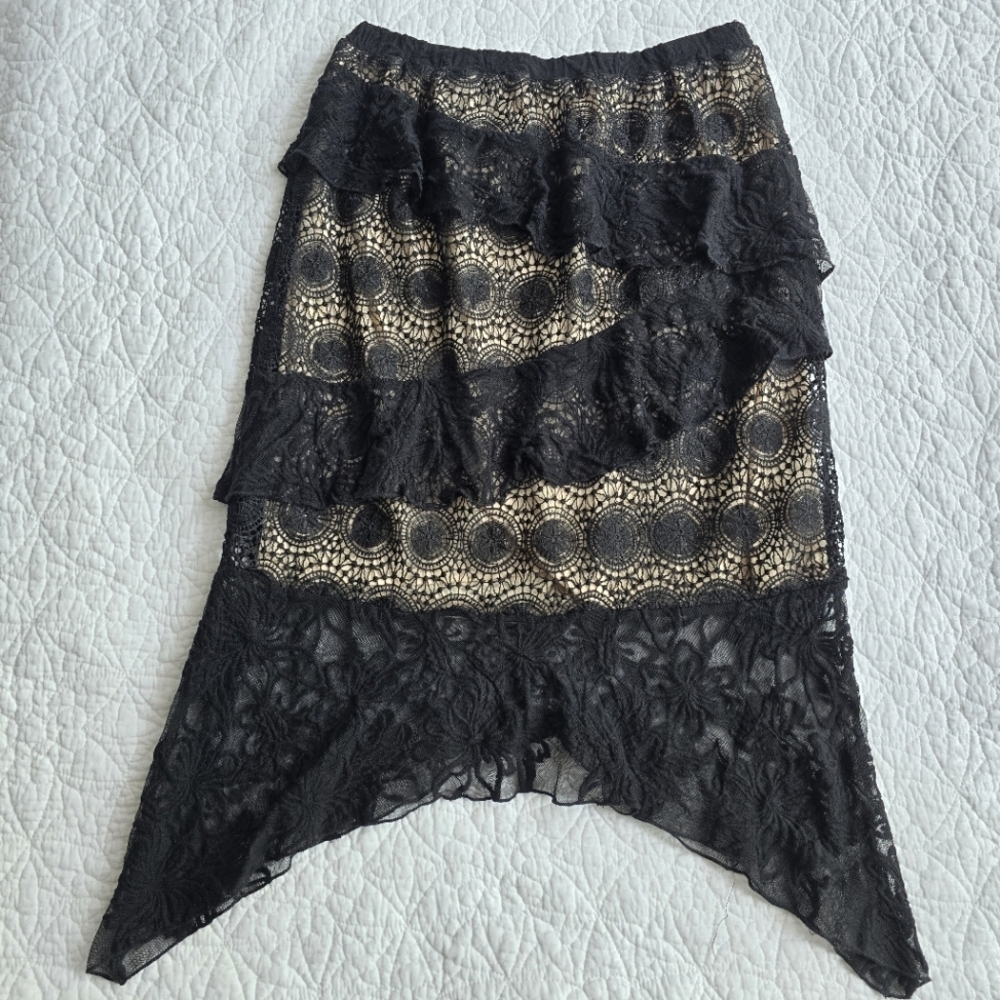 Adiva Crochet Lace Ruffle Black Skirt With Curve Pointed Hem Whimsigoth Goth